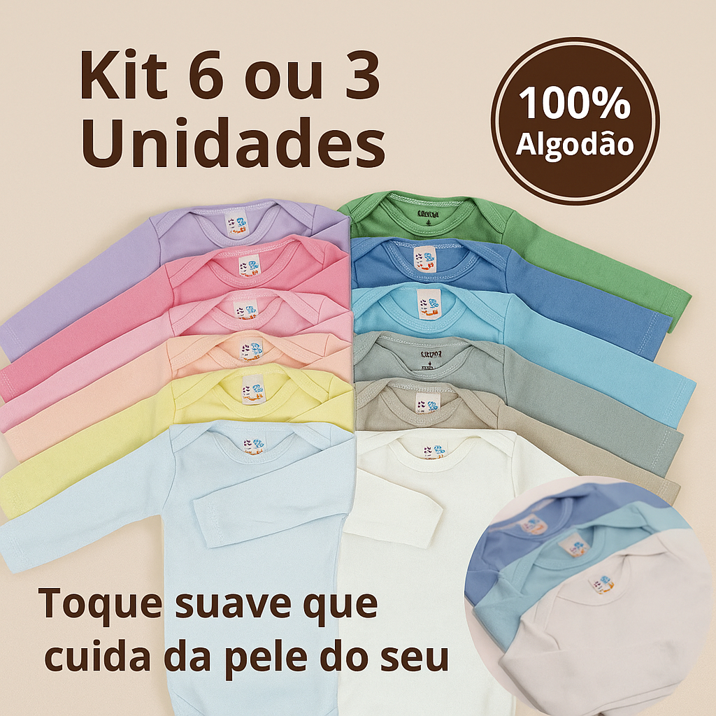 Kit 6 ou 3 Body Manga Longa Algodão Macio para Bebê – RN a 12 Meses, Menino ou Menina, Enxoval, Fofô