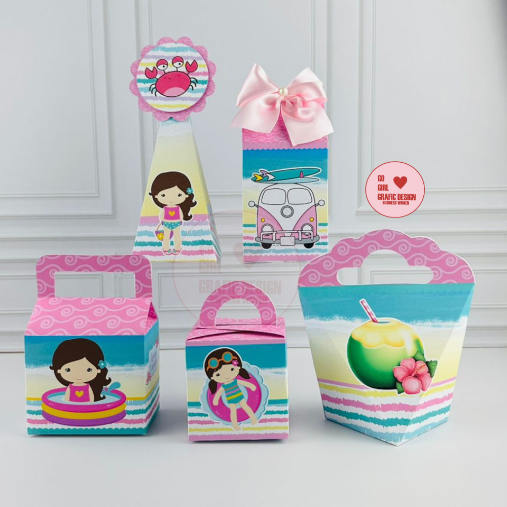 PEGUE E MONTE – Kit festa Lembrancinhas Personalizadas Praia Menina - Caixinhas Personalizadas - Papelaria Personalizada