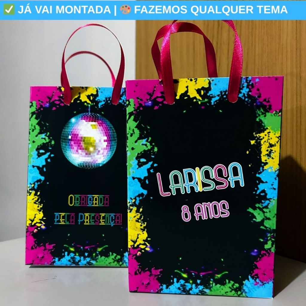 Sacolinha Surpresa Personalizada Neon Colorido Festa Infantil | Lembrancinha Aniversário Temas