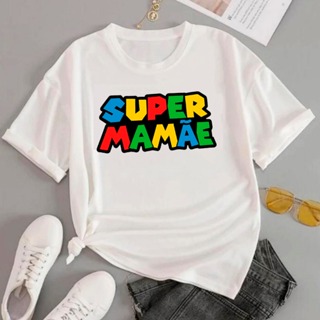 camisa feminina T-Shirt Roupa Algodão Casual Super Mamãe Old Game Mario Escrita em Oferta na Shopee