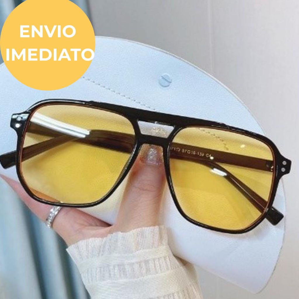 Óculos de Sol Feminino Quadrado Oversized para Mulheres, Amarelo Vintage, Estilo Retrô em Oferta na Shopee