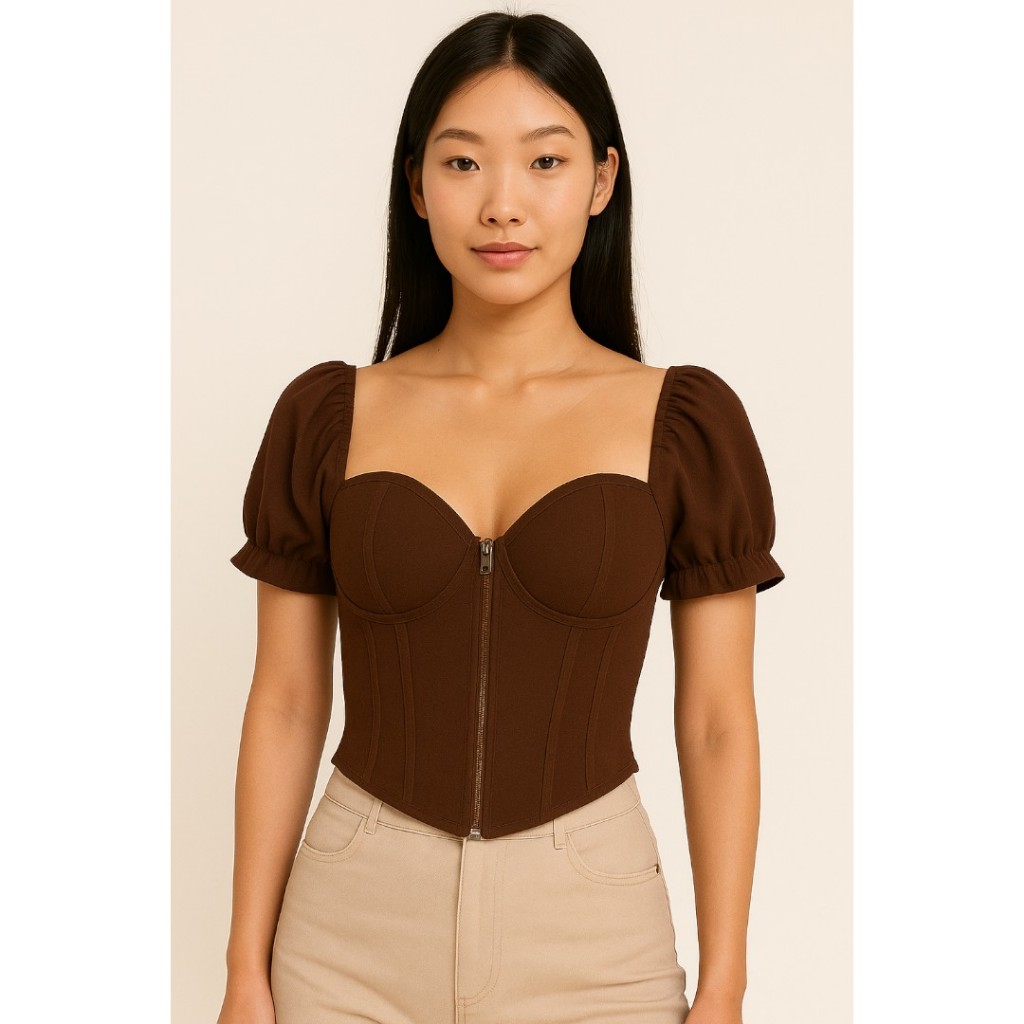 Top Cropped Corset Feminino Marrom com Manga Curta Bufante e Zíper Frontal em Oferta na Shopee