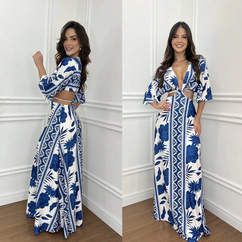 Vestido longo feminino elegante com Decote em V,Vestido de praia de férias