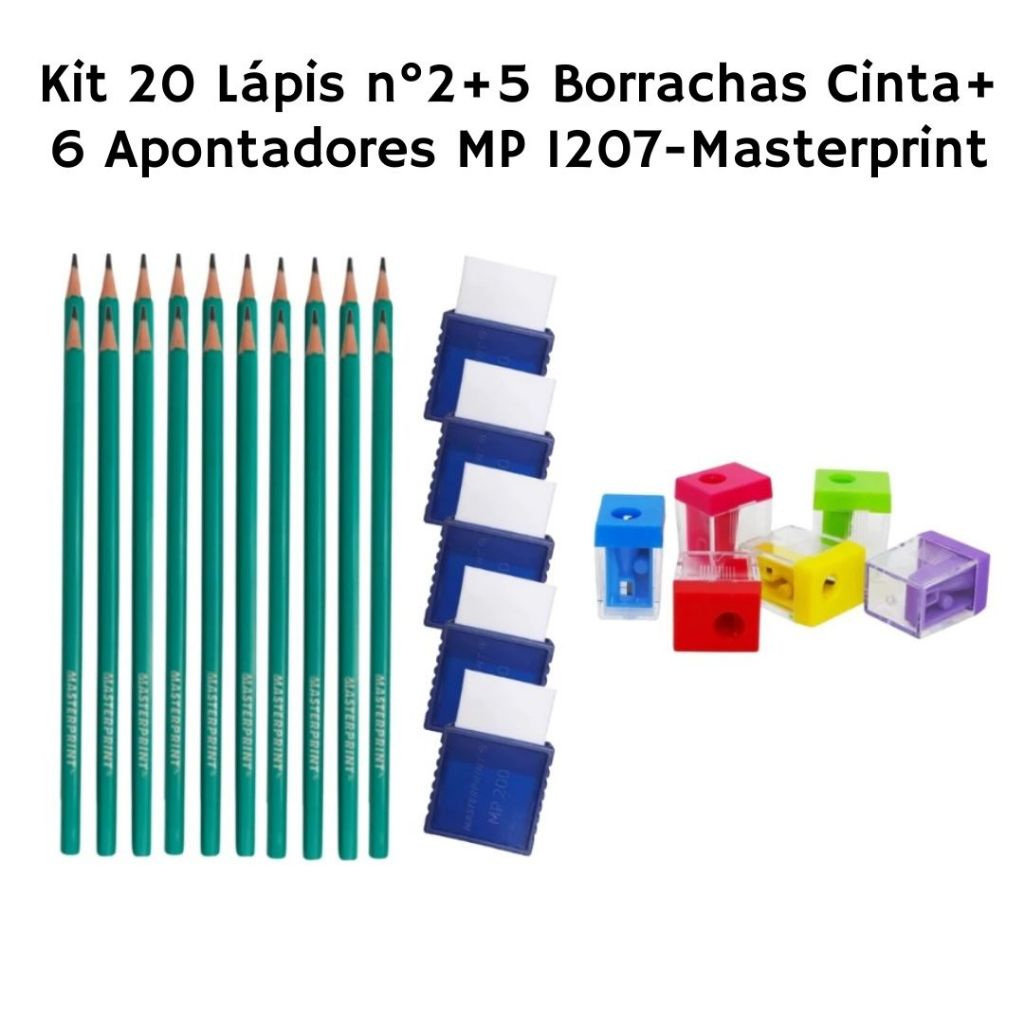 Kit Escolar C/20 Lápis HB + 05 Borrachas Cinta + 06 Apontadores Mini MP1207 (Cores Sortidas) - Masterprint