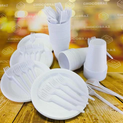 KIT 50~200 DESCARTÁVEIS PARA FESTA ECONÔMICO BRANCO GARFO PRATO E COPO DESCARTÁVEL (CHOCO)