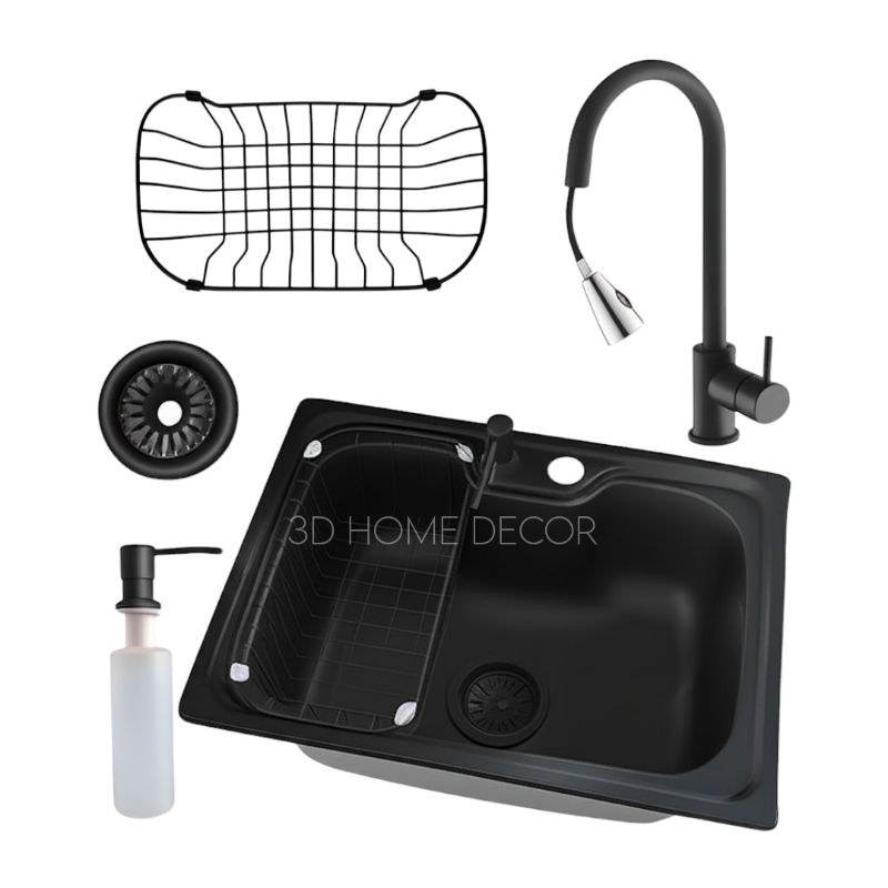 Cuba de Cozinha INOX Preto Semi Fosco com Torneira de Bancada Extensor Preto Semi Fosco Torneira de Cozinha INOX Preto