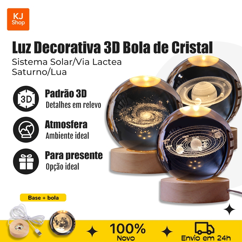 Luminária de Mesa Cristal LED com Base de Madeira Decoração Sistema Solar, Lua e Galáxia em Oferta na Shopee