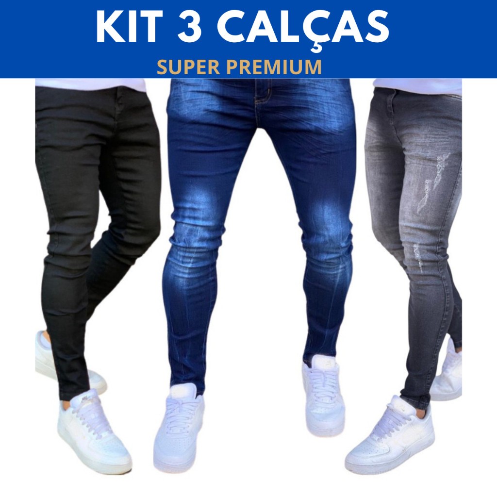 Kit 3 Calças Jeans Masculina Slim Original Elastano Premium