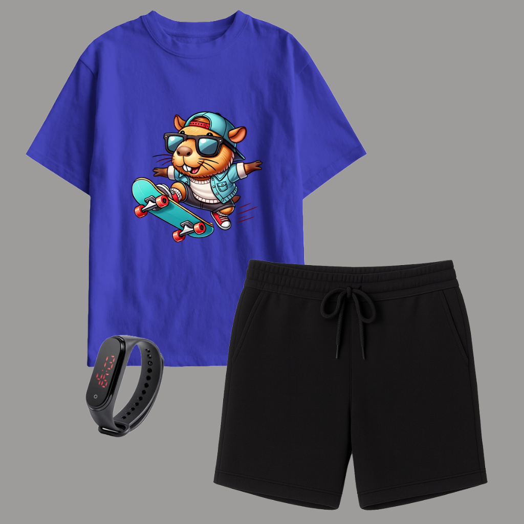 Kit Camiseta Infantil Capibara e Short Moletinho + Relógio Brinde