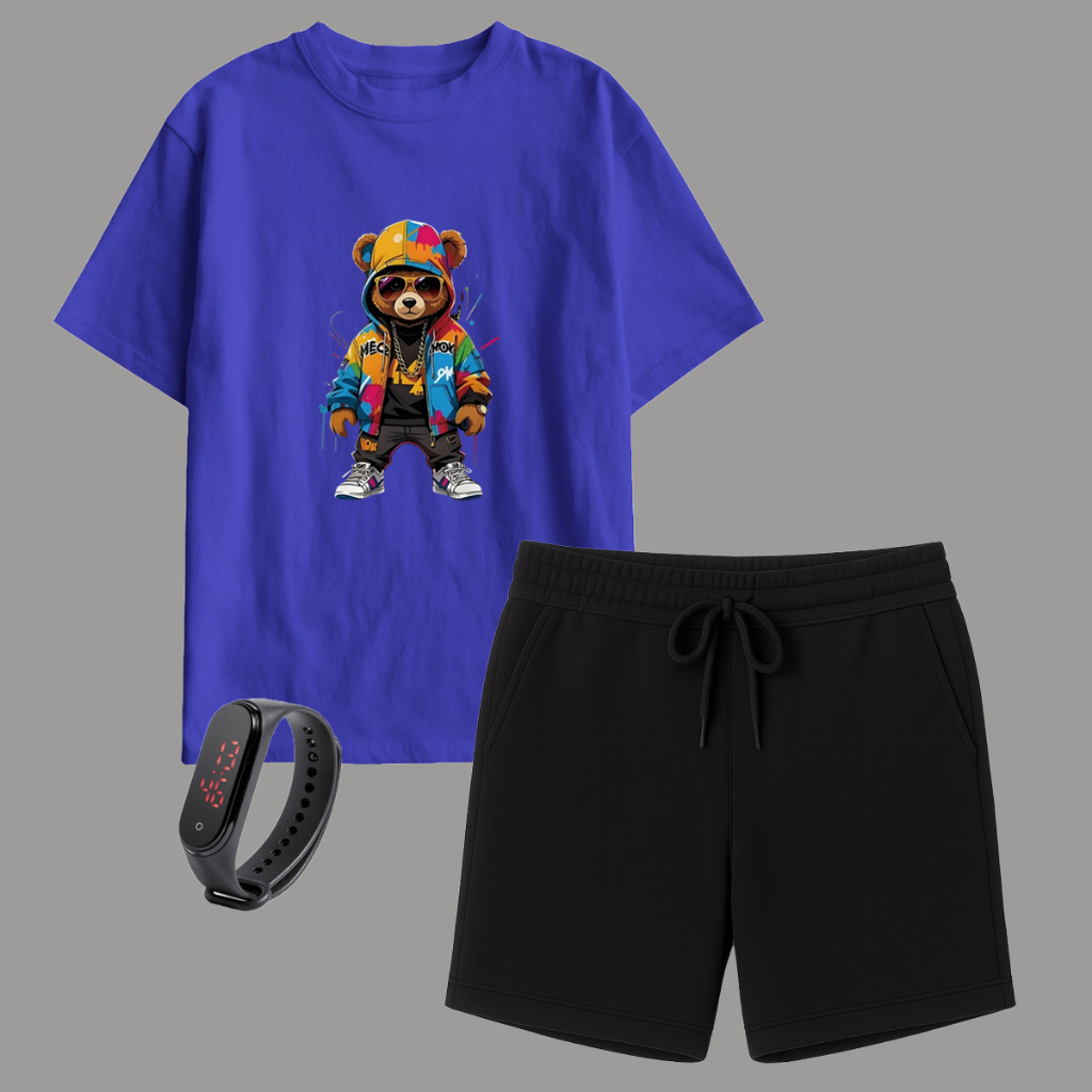 Kit Camiseta Infantil Masculina e Short Moletinho Infantil + Relógio Digital