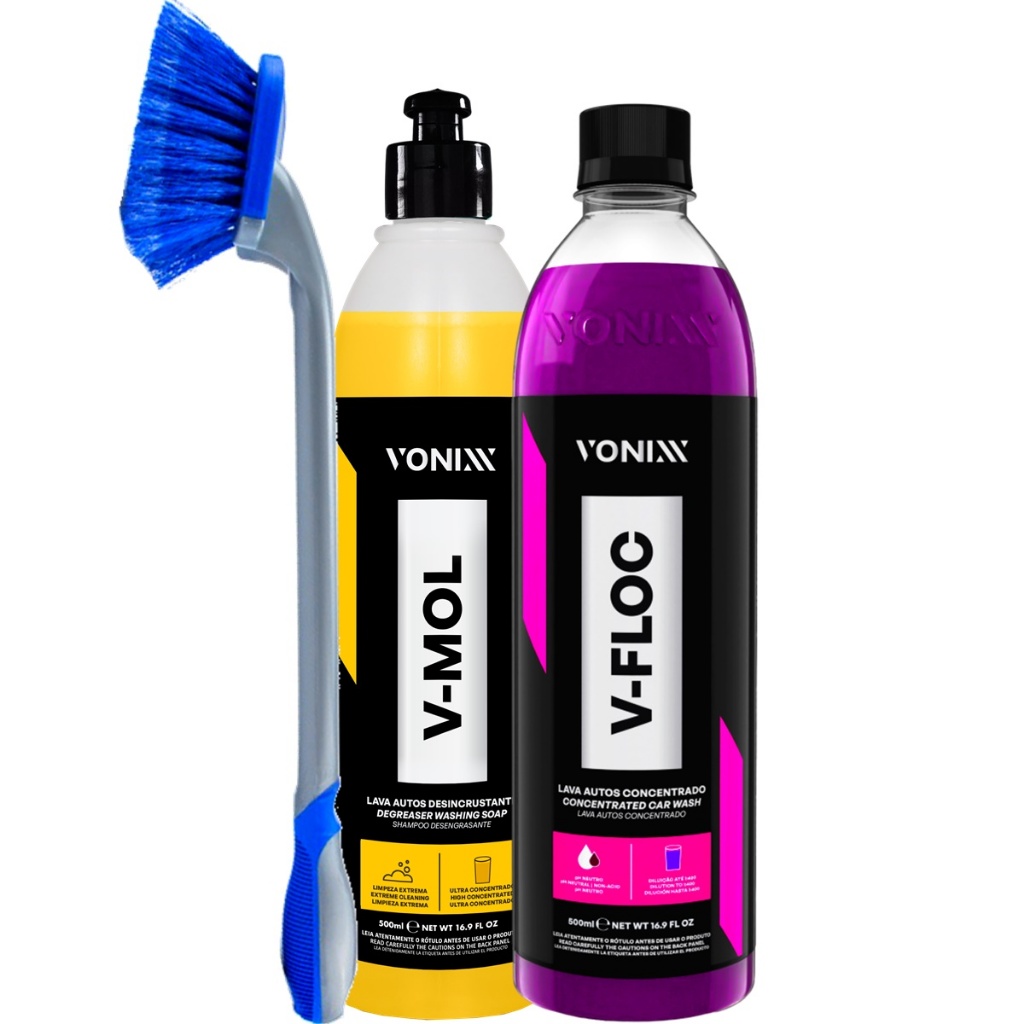 Kit Lavagem Automotiva Vonixx Shampoo Neutro V-Floc V-Mol 500ml e Escova face de rodas longa Karbox