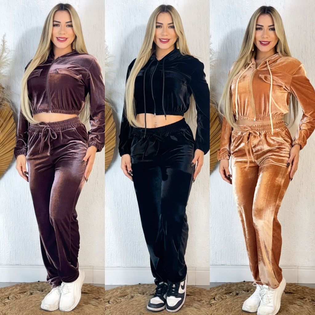 CONJUNTO FEMININO VELUDO CRISTAL DE FRIO OUTONO INVERNO 2 PEÇAS ESTILOSO PANTALONA em Oferta na Shopee