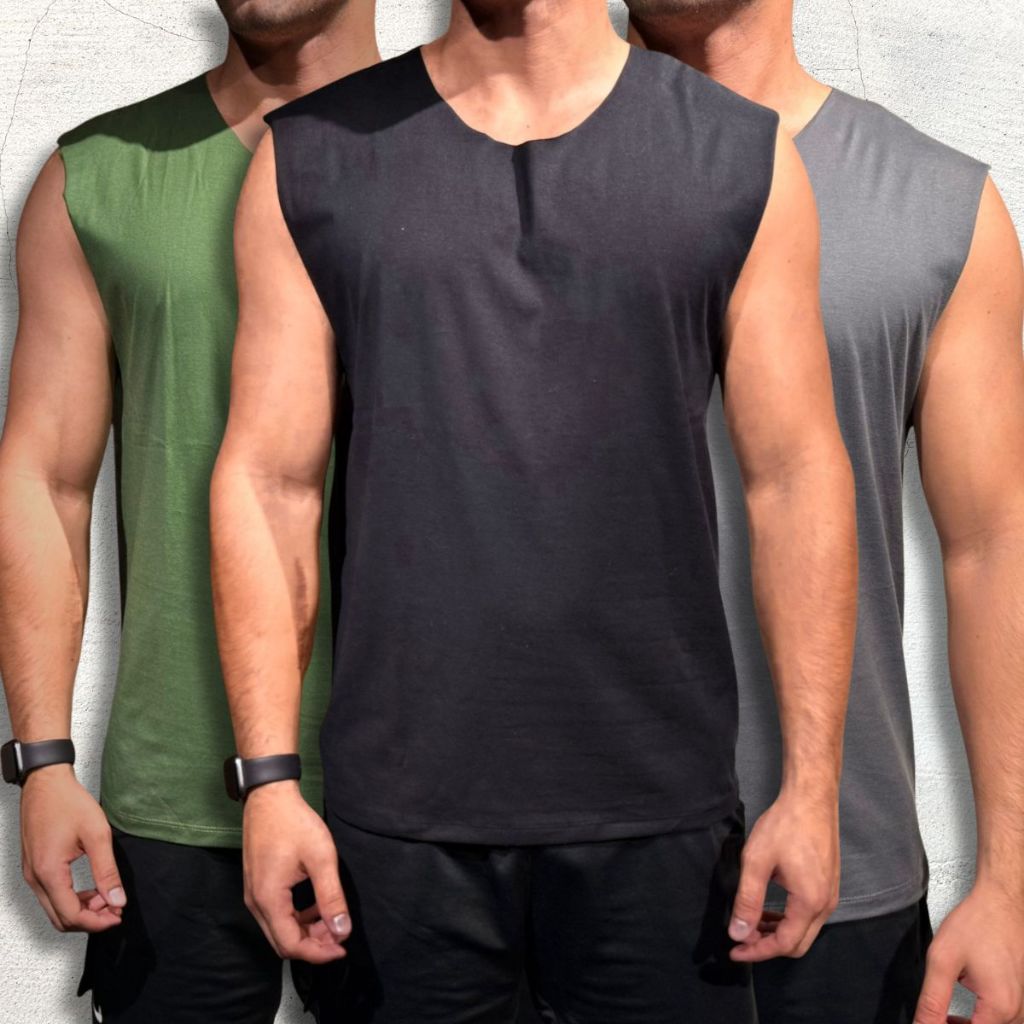 Kit 3 Camisetas Regata Machão Lisa Básica Masculina 100% Algodão