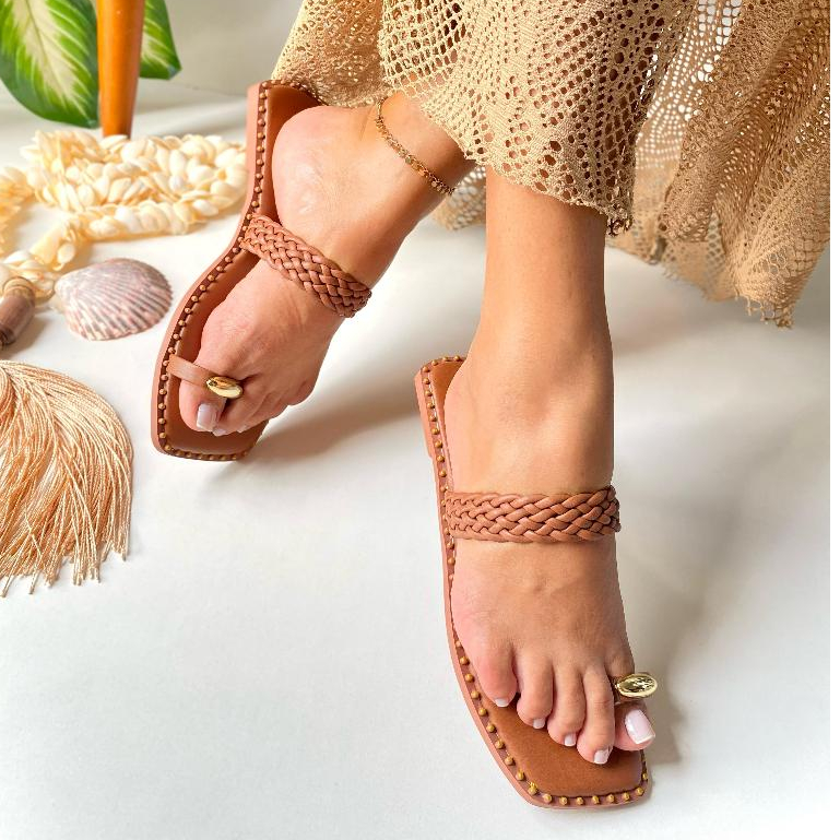 Sandália Feminina Rasteirinha Rasteira Confortável Leve Dedinho Tira Trançada Luxo Elegante Casual dia a dia