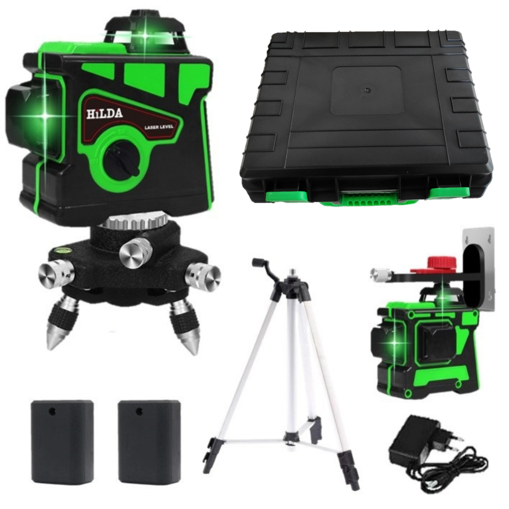 Nível Laser 12 Linhas verde 3D 360 Hilda 2 Baterias + Maleta + Tripé Alumínio 1,5m