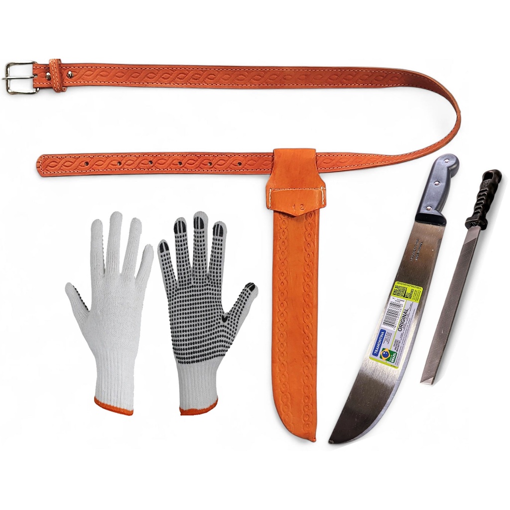 Kit completo jardinagem mato cana galho pescaria facão 12" Tramontina + bainha + cinto + lima + luva