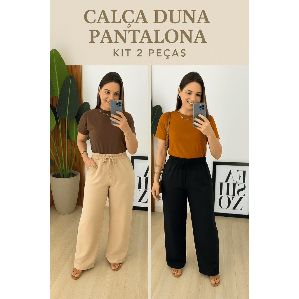 Kit 2 Calça Pantalona Feminina Tecido Duna com elastico na cintura calça flare folgadinha Com Bolso