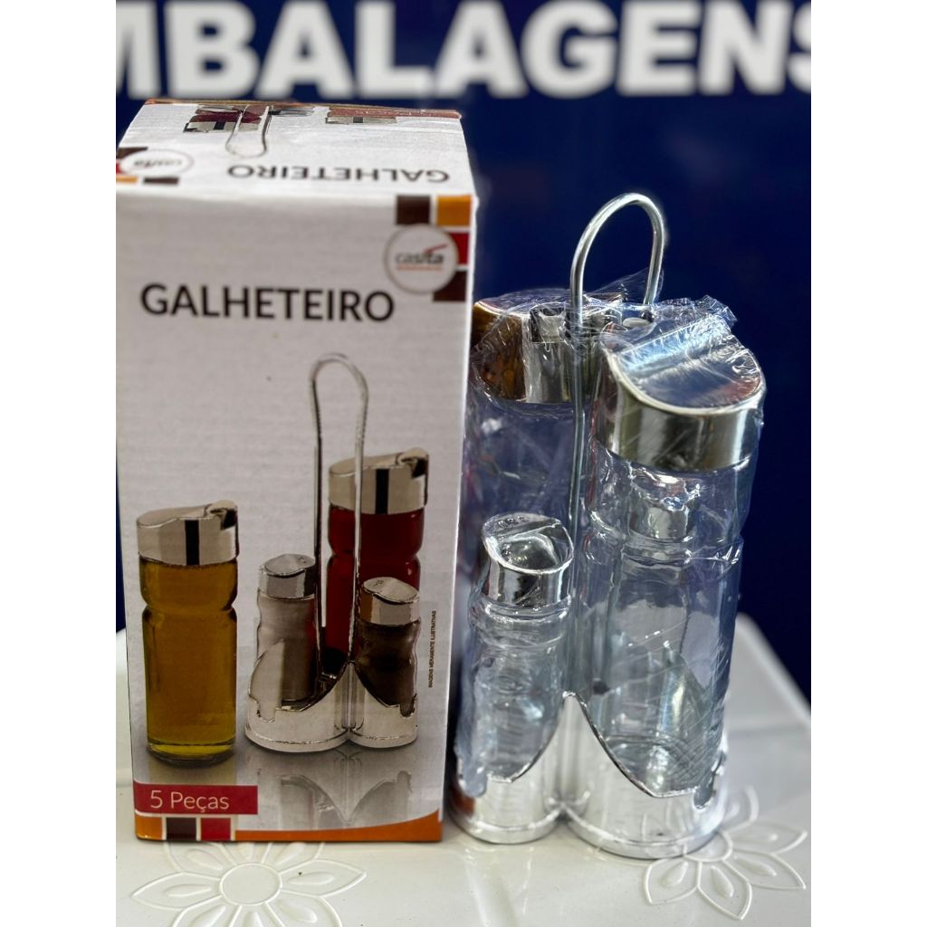 KIT GALHETEIRO 5 PEÇAS COM SUPORTE AÇO INOX - TEMPEROS - SAL - AZEITE - VINAGRE - PIMENTA / CASITA