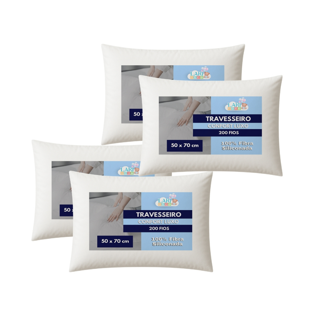 Kit 04 Travesseiros Macio 50x70 cm 100% Fibra De Silicone Conforto 400 Fios Noites Tranquilas Macio
