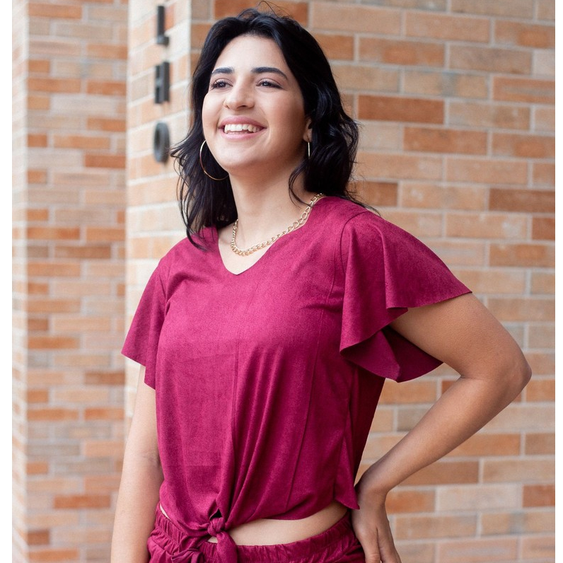 Blusa Suede Manga Flare em Oferta na Shopee