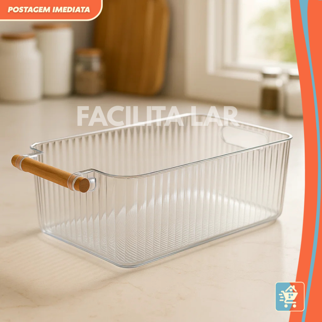 Cesto Organizador de Acrílico Transparente com Alça de Bambu – Cozinha, Banheiro e Escritório em Oferta na Shopee