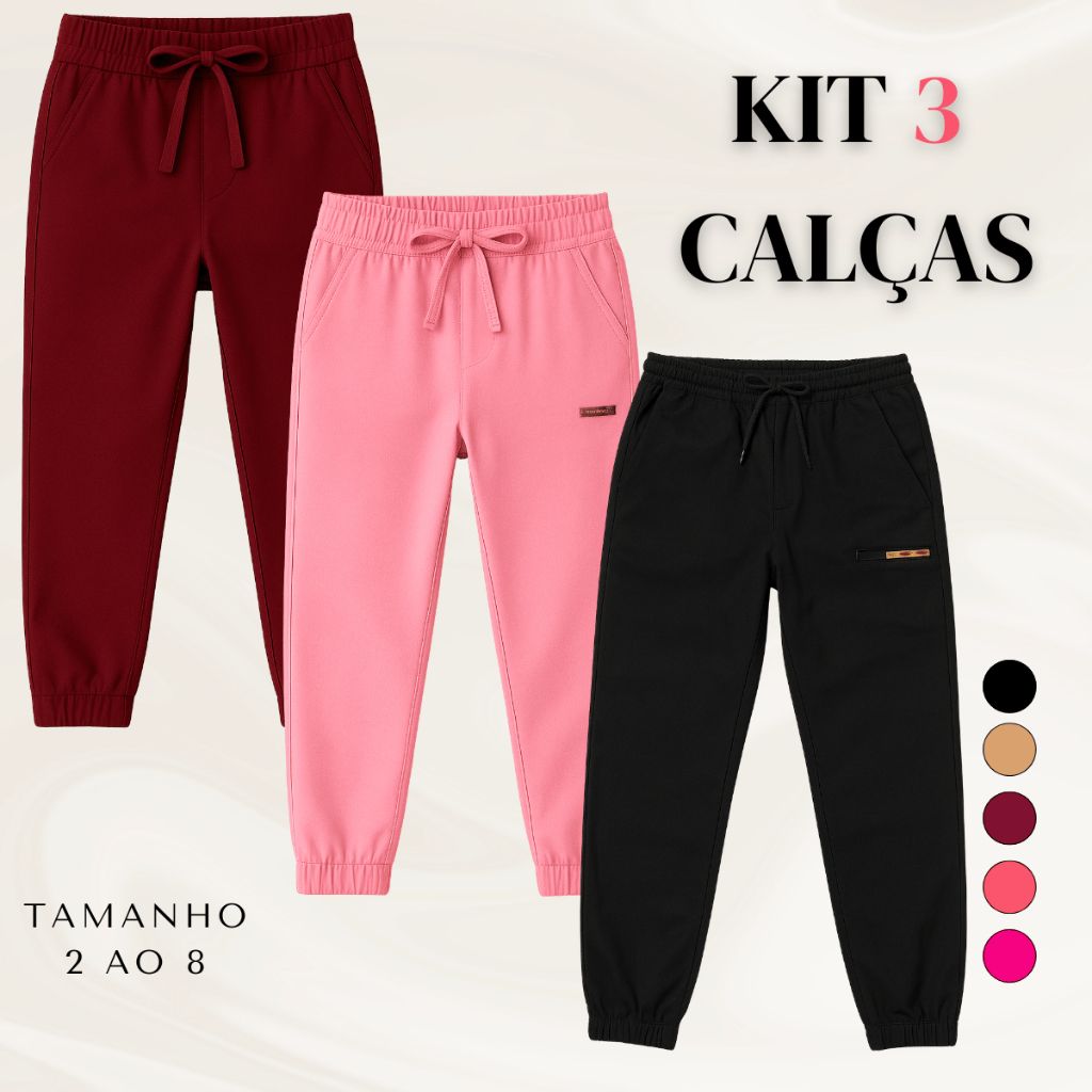 KIT 3 Calças Bengaline Infantil Criança Menina Feminina Frio Confortavel Bolsos Tecido Escola Estilo em Oferta na Shopee
