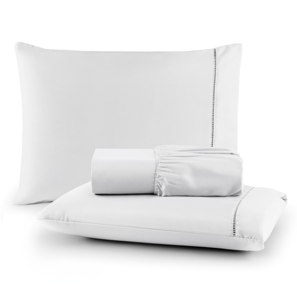 Lençol com Elástico e Fronhas Cama de Casal Padrão e Queen Micropercal 400 Fios Ponto Palito