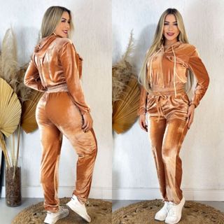 conjunto feminino de veludo cristal com capuz con ziper calça com bolso em Oferta na Shopee
