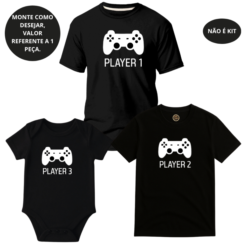 Camiseta Adulto/ Infantil/ Body bebê Controle Jogo Player 1,2e3 Gamer PAI E FILHO Dia dos Pais - 1 peça