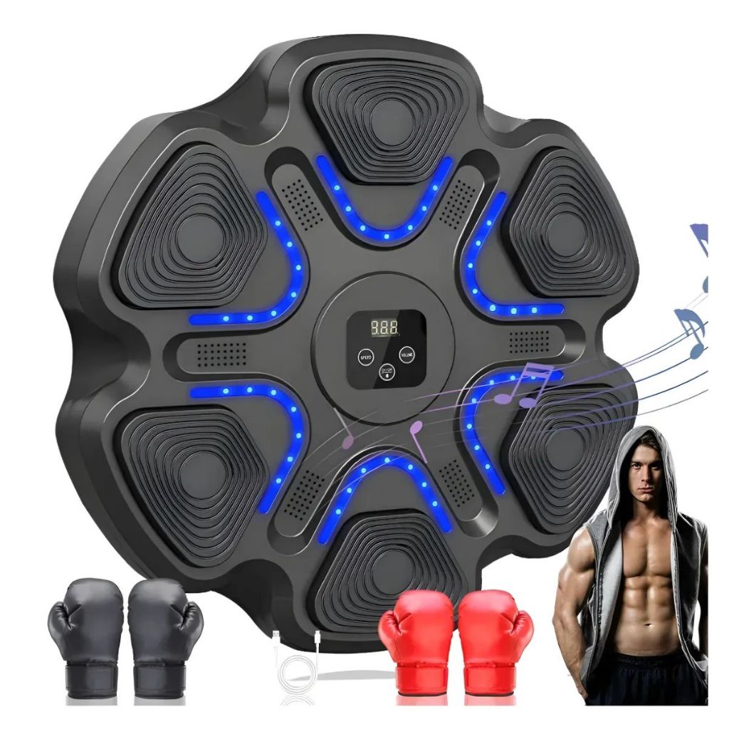 Máquina de Boxe Musical Inteligente LED Bluetooth Recarregável + Luvas Treino em Casa Anti Estresse Reflexo e Kickboxing