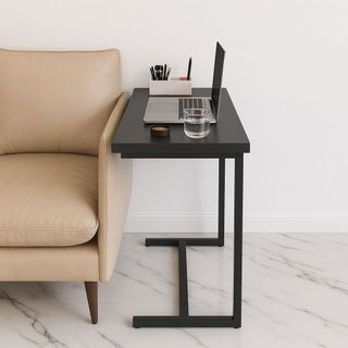 Mesa apoio e suporte lateral notebook cama sofa em aço tampo madeira Preta e Mel