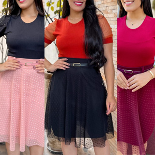 Saia Tule Poá Premium Moda Evangélica Fashion Lisa Forrada Com Cinto em Oferta na Shopee
