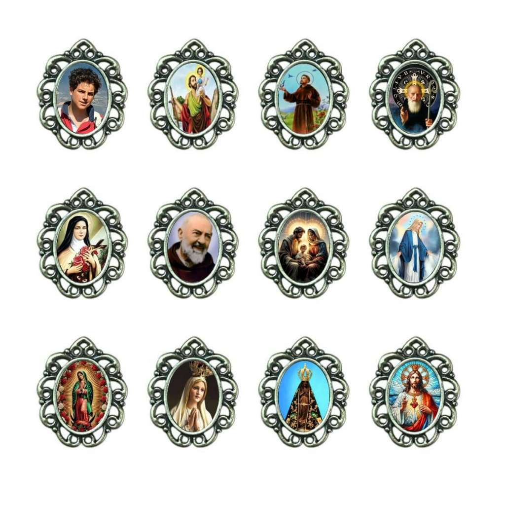 Medalha resinada com Santos de Devoção Simbolos Católicos Ouro velho 12 ou 30 unidades para artesanto religioso católico