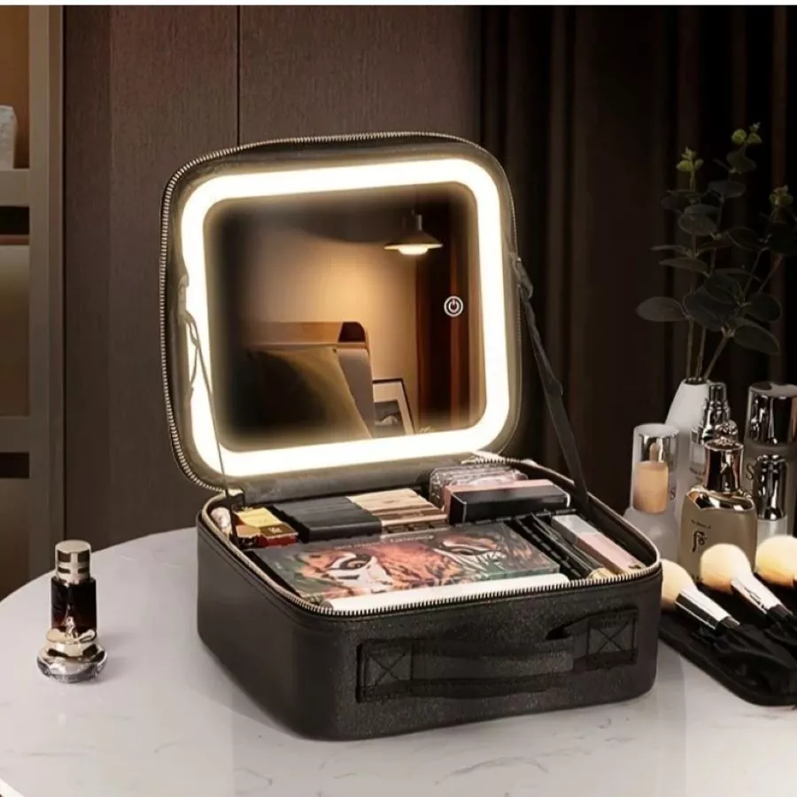 Maleta Maquiagem Com Espelho e Luz Led 3 Tons Usb Recarregável de Courino Makeup Profissional Organizador Feng