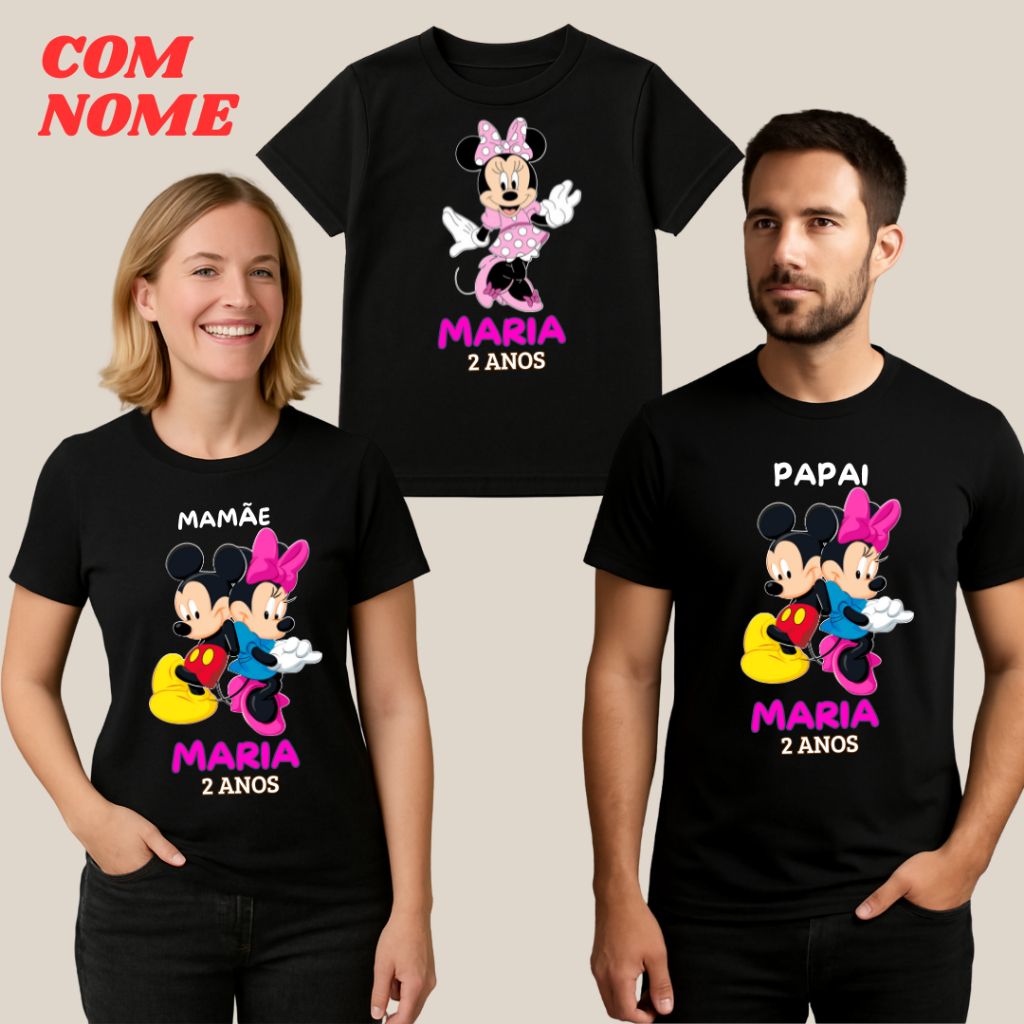 Kit 3 Camisetas Preta desenho Mickey Mãe Pai Filho Algodão Personalizada