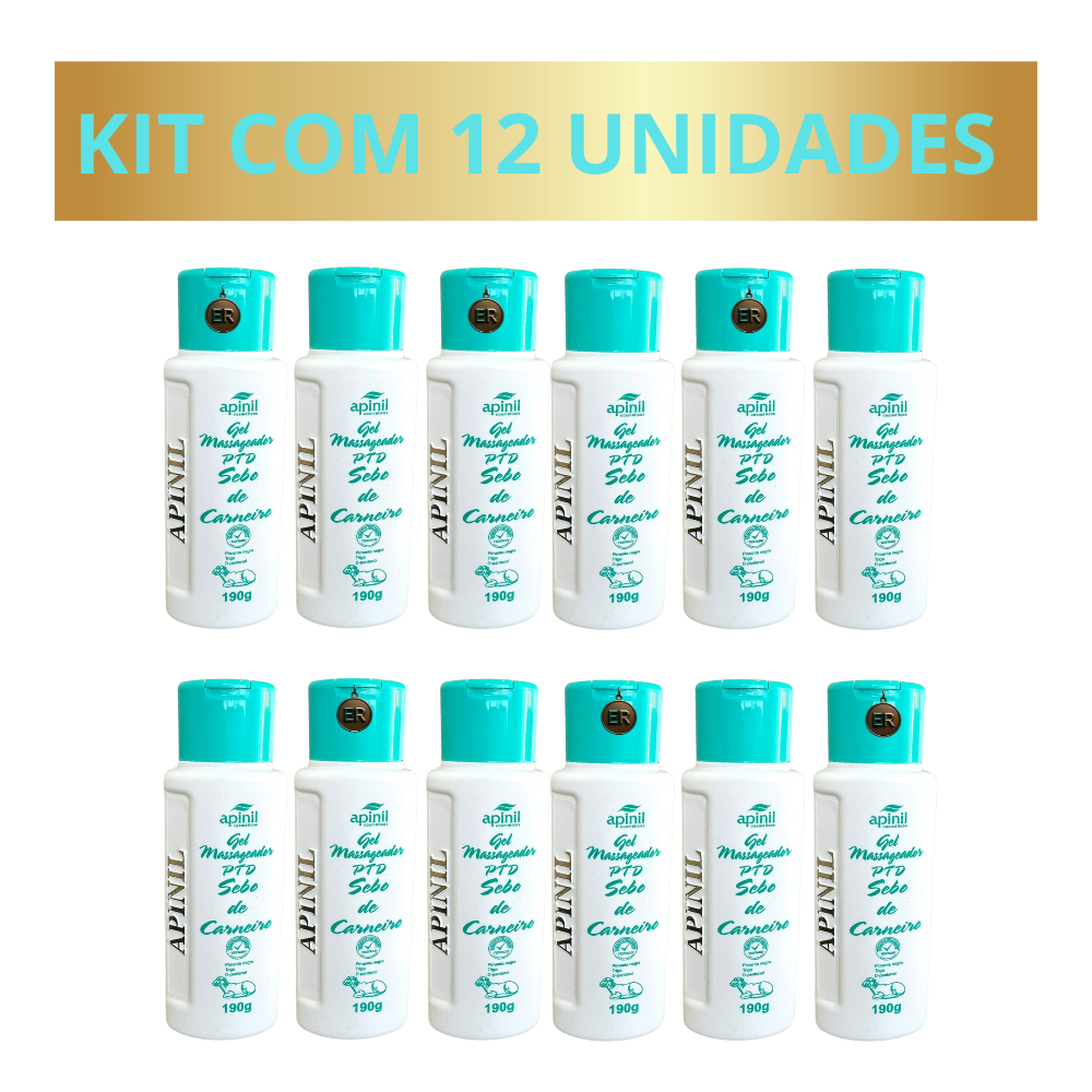 12 Gel Massageador PTD com  Sebo de Carneiro Sarador  Apinil 200g