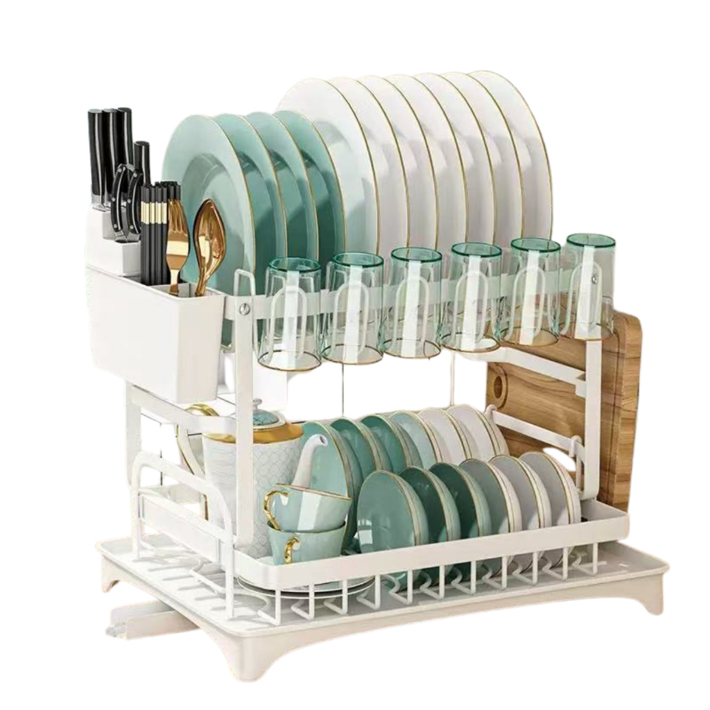 Escorredor De Louça Branco com Saída de Agua Em Inox Dois Andares Drenagem e Porta Talheres e Copos em Oferta na Shopee