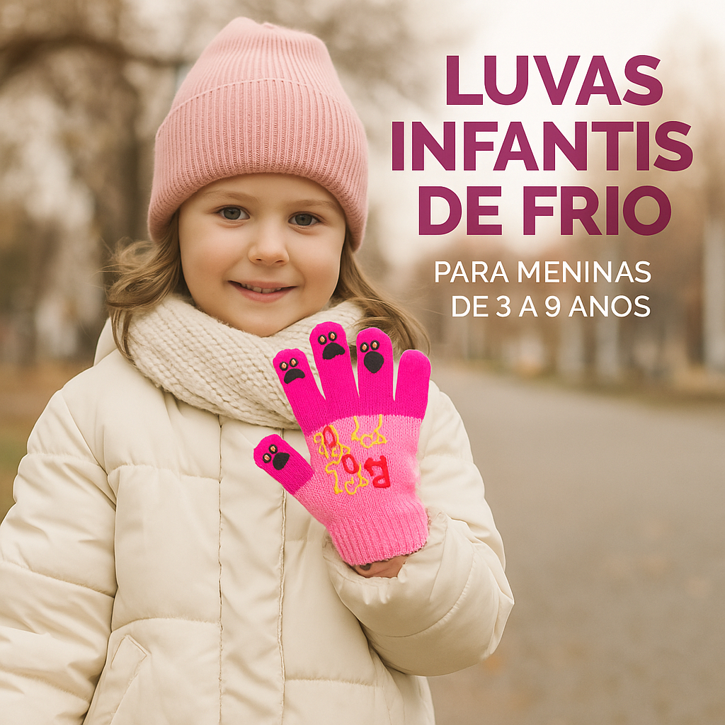 Luva Infantil Térmica Inverno Antivento Forro Fleece Quente - Tricot Macio para Menino e Menina 3 a 9 Anos