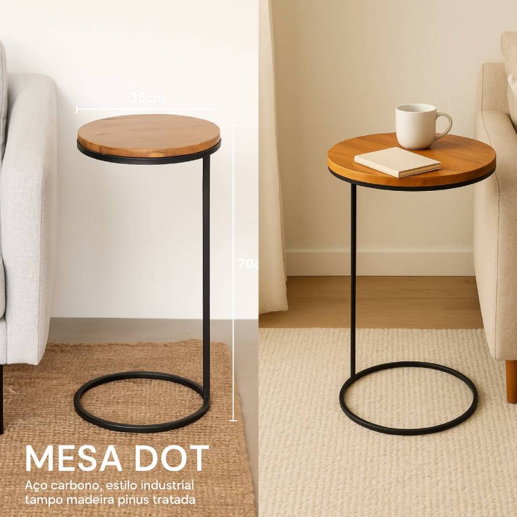 Mesa Auxiliar Dot 70 cm – Estilo Industrial, Acabamento Premium em Oferta na Shopee