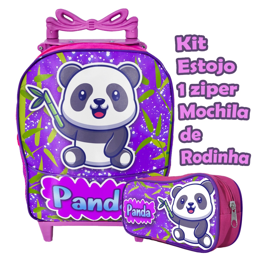 Kit Mochila Escolar Infantil Panda Rosa – Mochila de Rodinha Estojo 1 Ziper para Menina até 5 Anos