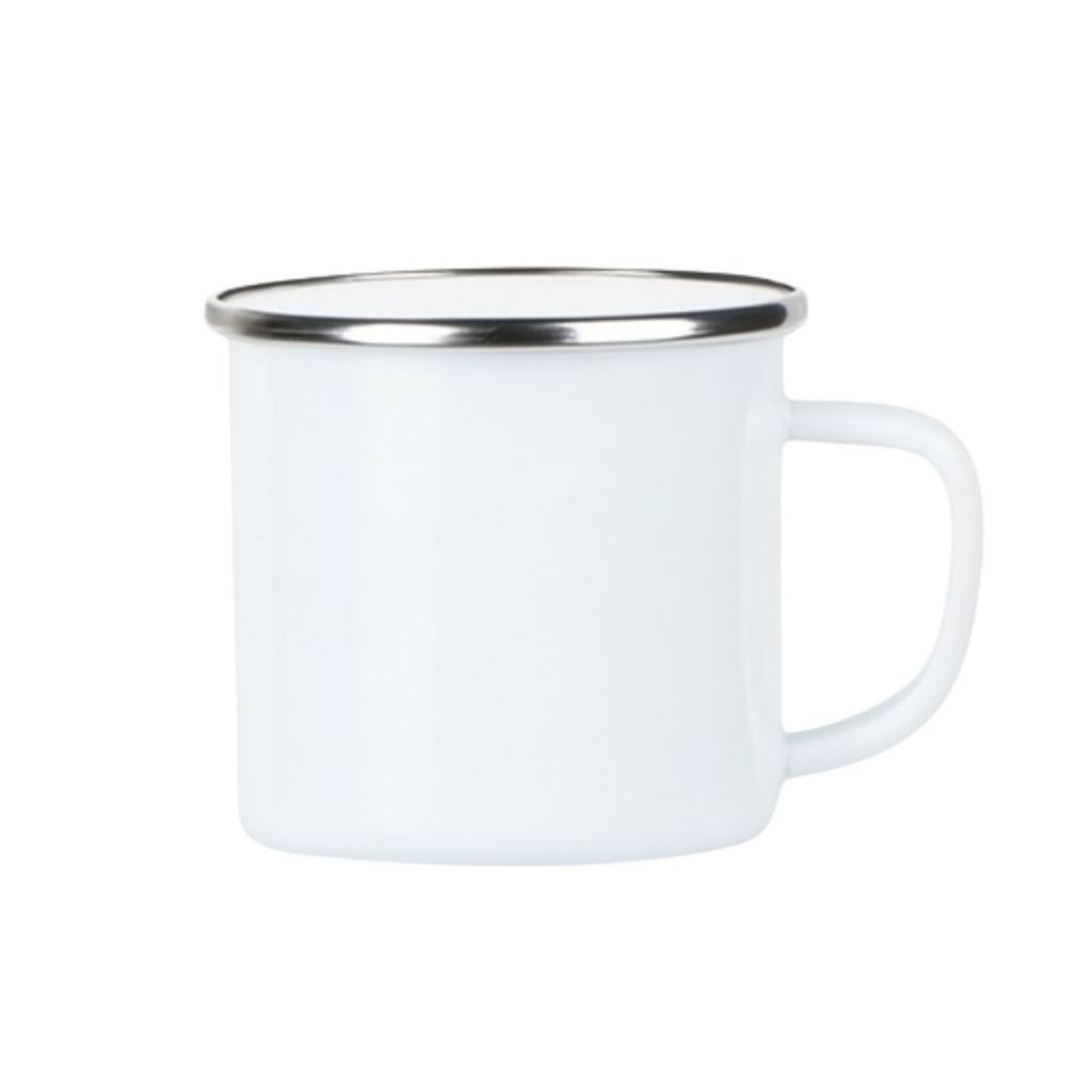 Caneca Ágata Esmaltada Retrô Branca com Borda Metálica 300ml Cozinha Prateada Café Chá Decoração