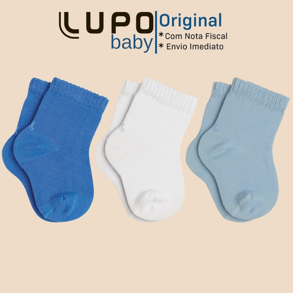 Kit com 3 Pares de Meias Lupo Baby Cano Curto sem Estampa Básica Lisa Kids Infantil em Algodão