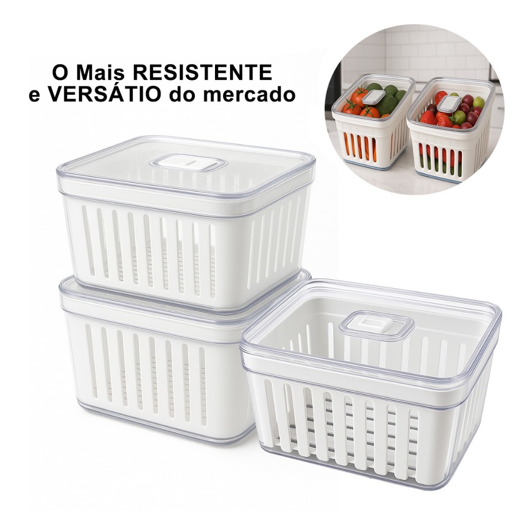 Kit 3 Organizador de Geladeira 3,8L Cesto Com Tampa Multiuso Alimento Verdura e Vegetal