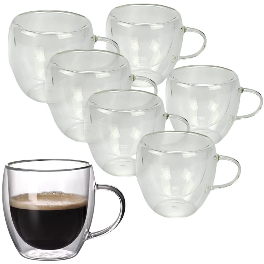 Xicaras Vidro Duplo Reforçado Resistente Parede Dupla P/ Kit Presentear Lembrancinha em Oferta na Shopee