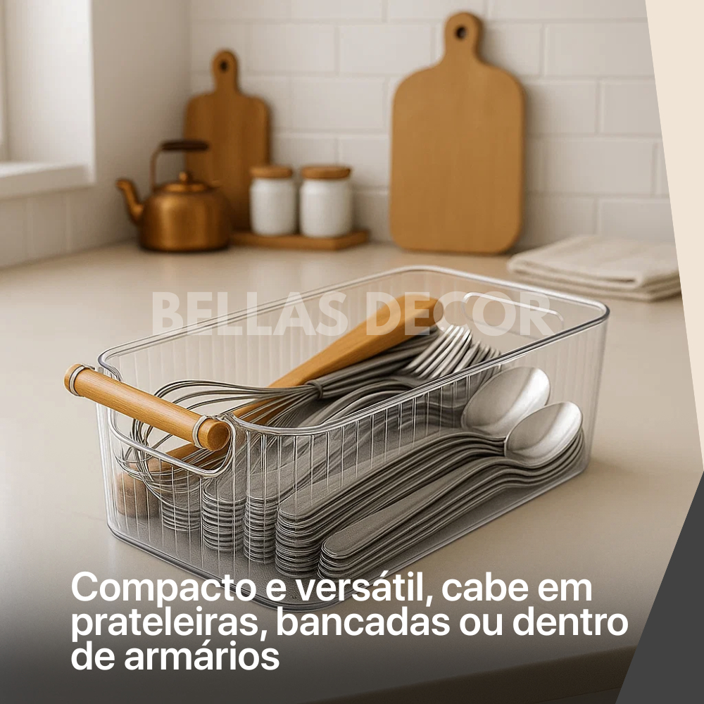 Cesto Organizador de Acrílico Transparente com Alça de Bambu – Cozinha, Banheiro e Escritório — imagem 2 de 2