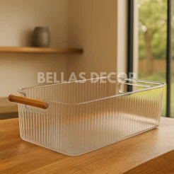 Cesto Organizador de Acrílico Transparente com Alça de Bambu – Cozinha, Banheiro e Escritório