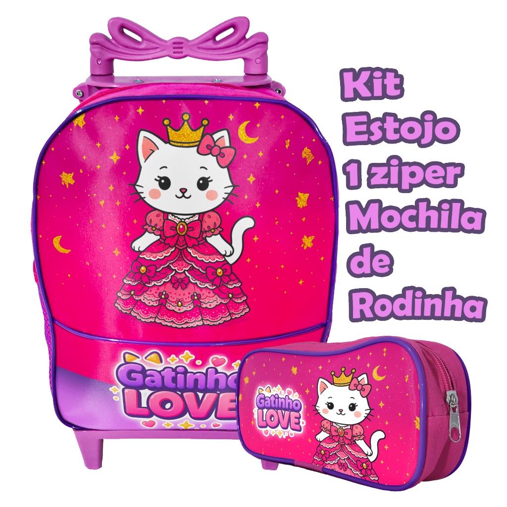 Kit Mochila Escolar de Carrinho Love Gatinho Princesa Rosa com Estojo 1 Zíper Simples Infantil Menina