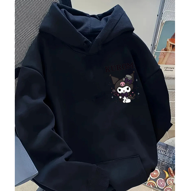 Blusa Moletom Kuromi Série Anime Casaco de Frio Unissex Flanelado Com Capuz