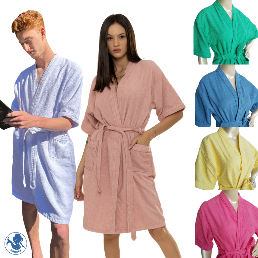 Roupão Adulto Atoalhado Robe Manga Curta 100% Algodão Unissex Masculino Feminino
