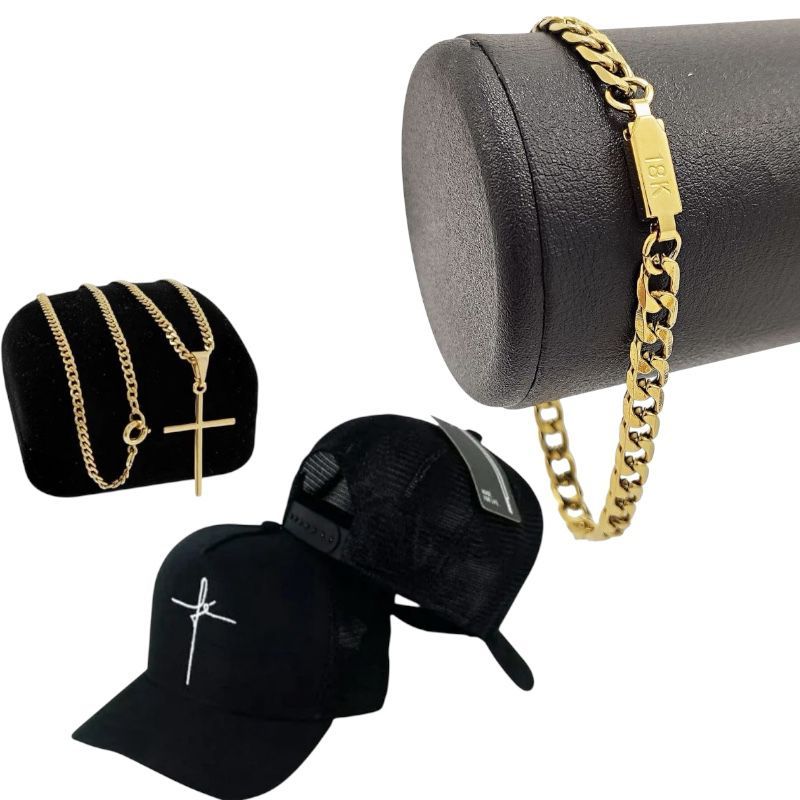 Kit Masculino Corrente Cruz dourada + Pulseira18k + Boné fé Promoção em Oferta na Shopee